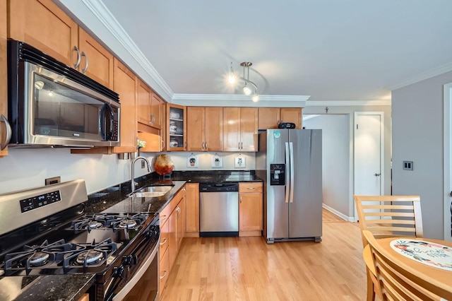 8712 W Berwyn Ave Unit 3W, Chicago, IL 60656 - kitchen with appliances with stainless steel finishes, crown molding, light wood finished floors, glass insert cabinets, and dark stone counters