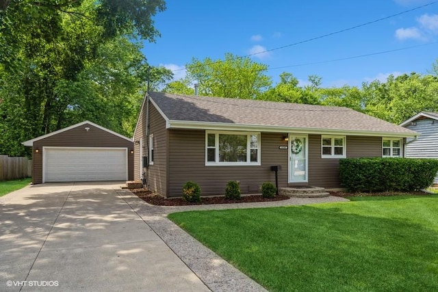 30300 N E End Ave, Libertyville, IL 60048 - ranch-style home with a garage, an outbuilding, and roof with shingles