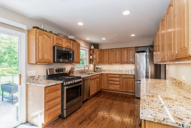 30300 N E End Ave, Libertyville, IL 60048 - kitchen with stainless steel appliances, light stone counters, dark wood-style floors, recessed lighting, and open shelves