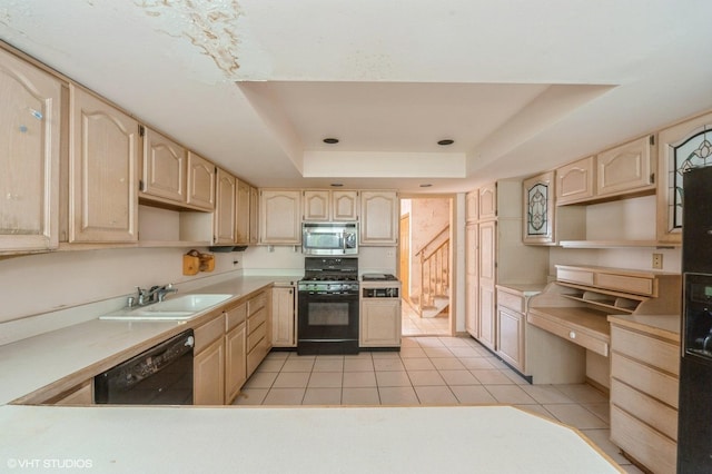 1940 Cypress Ln, Northbrook, IL 60062 - kitchen with black appliances, light brown cabinetry, a raised ceiling, and light tile patterned floors