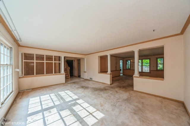 1940 Cypress Ln, Northbrook, IL 60062 - unfurnished room with decorative columns, crown molding, stairs, and carpet floors
