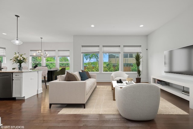 1434 Somerset Pl, Barrington, IL 60010 - living room with recessed lighting, dark wood-style flooring, and a chandelier