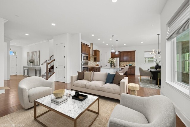1434 Somerset Pl, Barrington, IL 60010 - living area featuring recessed lighting, light wood-style floors, stairway, and a chandelier