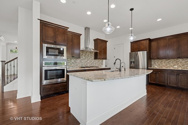 1434 Somerset Pl, Barrington, IL 60010 - kitchen featuring stainless steel appliances, wall chimney exhaust hood, dark wood-type flooring, tasteful backsplash, and recessed lighting