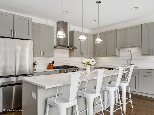 1310 N Western Ave Unit 2N, Chicago, IL 60622 - kitchen featuring freestanding refrigerator, wall chimney exhaust hood, gray cabinetry, tasteful backsplash, and recessed lighting