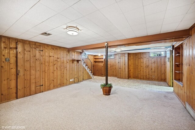 1609 Boeger Ave, Westchester, IL 60154 - basement with stairway, carpet floors, and wood walls