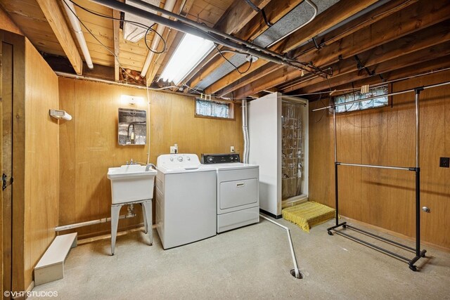1609 Boeger Ave, Westchester, IL 60154 - laundry area with washer and dryer, tile patterned floors, and wooden walls