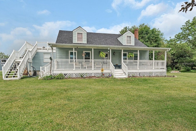 31330 S Seltzer Rd, Wilmington, IL 60481 - view of front of property featuring a chimney, stairway, a shingled roof, covered porch, and a front lawn