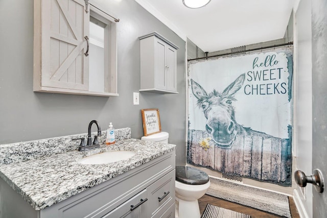 31330 S Seltzer Rd, Wilmington, IL 60481 - bathroom featuring vanity, a shower with shower curtain, and wood finished floors