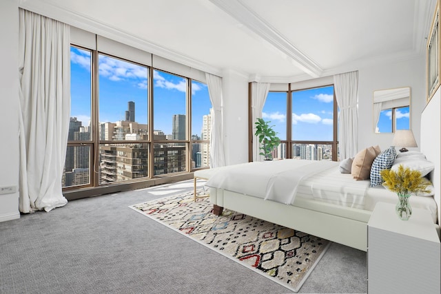 21 E Huron St Unit 4701, Chicago, IL 60611 - bedroom featuring a skyline view, carpet floors, and ornamental molding