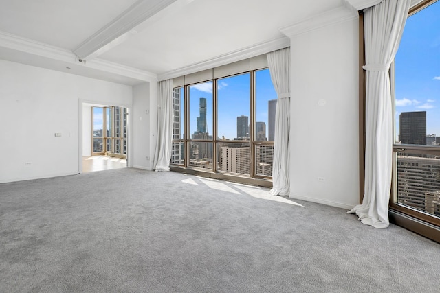 21 E Huron St Unit 4701, Chicago, IL 60611 - empty room with a skyline view, carpet flooring, crown molding, and beamed ceiling