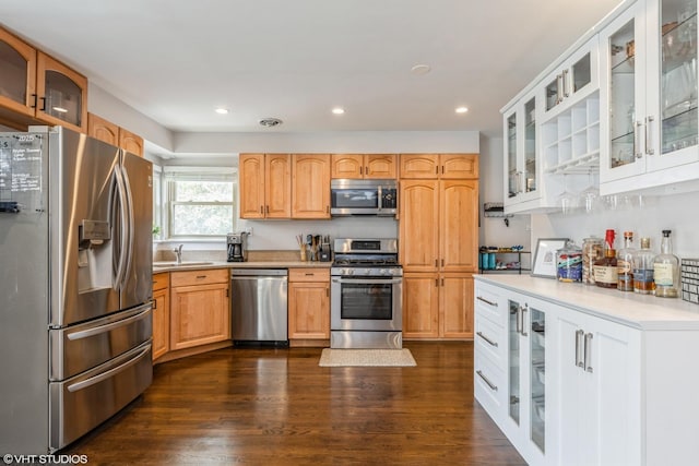 127 Elm St, Glenview, IL 60025 - kitchen featuring appliances with stainless steel finishes, recessed lighting, dark wood-type flooring, light countertops, and glass insert cabinets