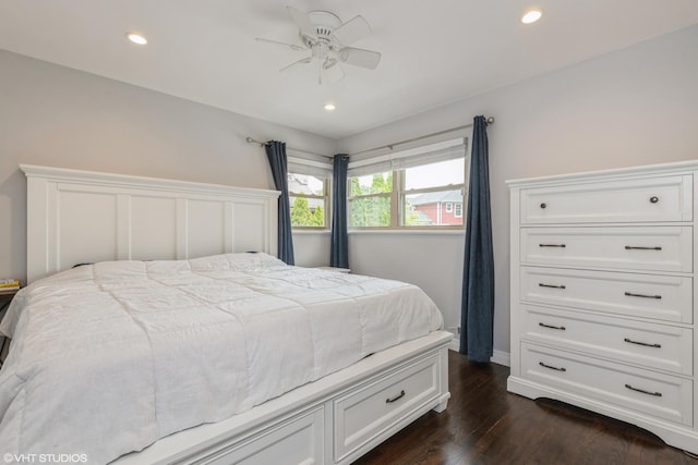 127 Elm St, Glenview, IL 60025 - bedroom with dark wood-type flooring, recessed lighting, and ceiling fan