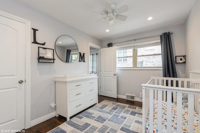 127 Elm St, Glenview, IL 60025 - bedroom with dark wood-style flooring, recessed lighting, and a ceiling fan
