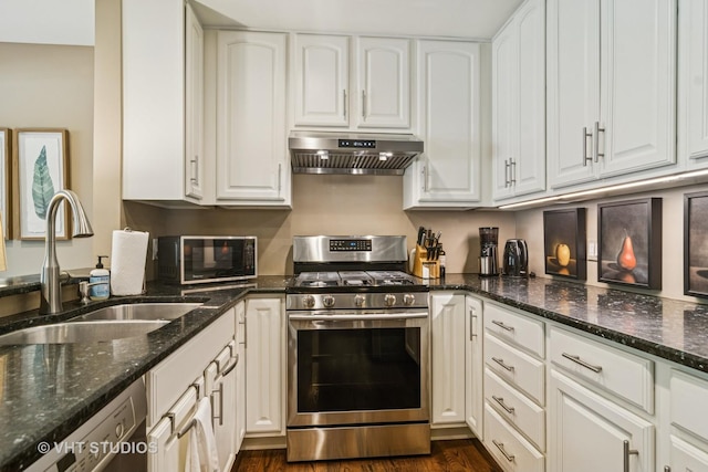884 Bristol Dr Unit 0, Barrington, IL 60010 - kitchen with stainless steel gas stove, under cabinet range hood, dishwasher, white cabinets, and dark stone countertops
