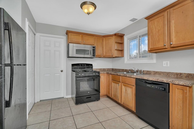 3701 176th St, Country Club Hills, IL 60478 - kitchen with black appliances, light tile patterned floors, open shelves, and brown cabinets