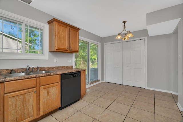 3701 176th St, Country Club Hills, IL 60478 - kitchen featuring dishwasher, light tile patterned flooring, hanging light fixtures, a chandelier, and dark countertops