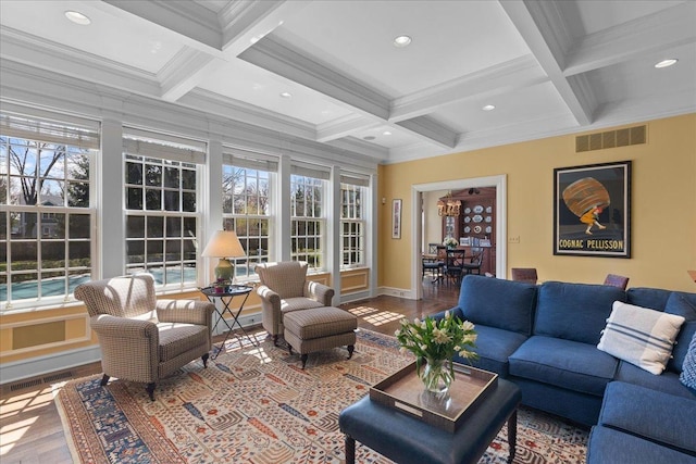 1300 Hackberry Ln, Winnetka, IL 60093 - living room featuring coffered ceiling, healthy amount of natural light, beam ceiling, crown molding, and wood finished floors