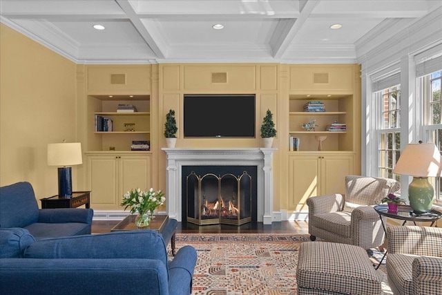 1300 Hackberry Ln, Winnetka, IL 60093 - living room with coffered ceiling, crown molding, recessed lighting, a warm lit fireplace, and built in shelves