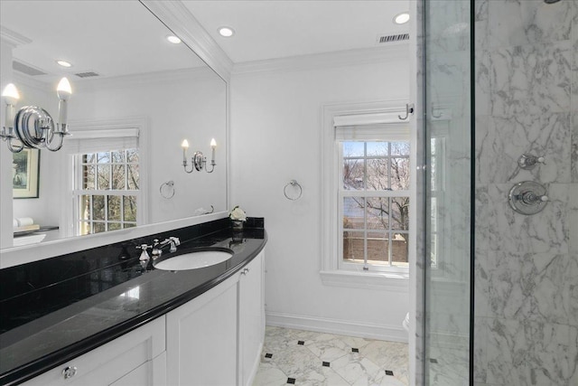 1300 Hackberry Ln, Winnetka, IL 60093 - bathroom featuring ornamental molding, vanity, marble finish floors, recessed lighting, and a shower