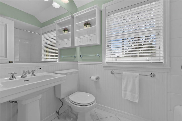 1300 Hackberry Ln, Winnetka, IL 60093 - full bath with vaulted ceiling, wainscoting, tile patterned flooring, and a shower