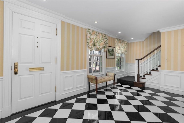 1300 Hackberry Ln, Winnetka, IL 60093 - foyer with crown molding, stairway, recessed lighting, a wainscoted wall, and a decorative wall