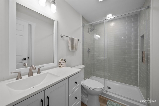 808 Karen Dr, Hampshire, IL 60140 - full bathroom with vanity, a shower stall, and wood finished floors