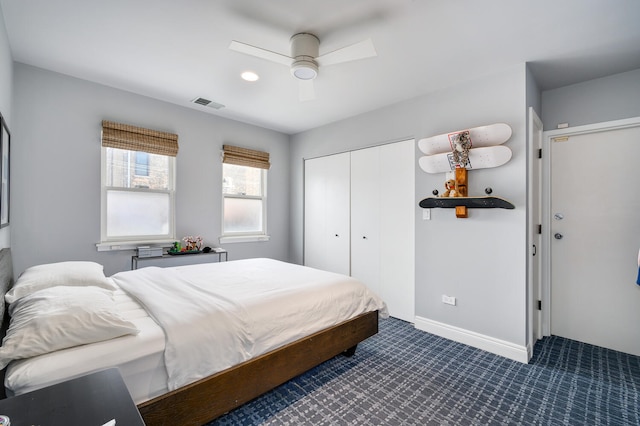824 W Armitage Ave Unit 2Cd, Chicago, IL 60614 - bedroom with dark colored carpet, a closet, and a ceiling fan