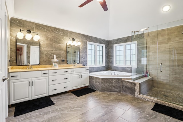 51 Mitchell Cir, Wheaton, IL 60189 - full bathroom with a bath, double vanity, a stall shower, a ceiling fan, and tile walls