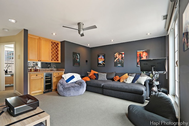 358 W Huron St Unit B, Chicago, IL 60654 - carpeted living room with wine cooler, wet bar, recessed lighting, and ceiling fan