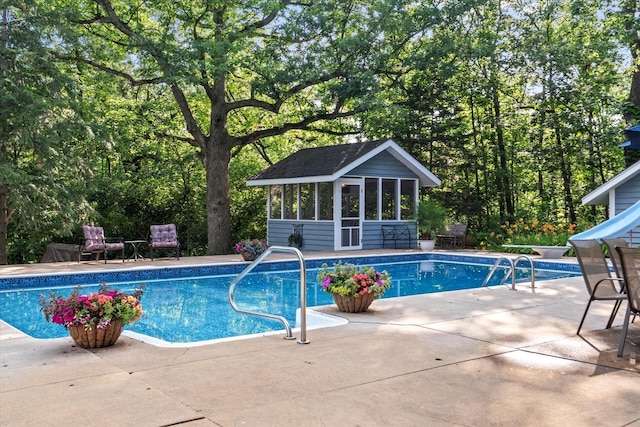 13302 Archer Ave, Lemont, IL 60439 - swimming pool with a sunroom, a patio, and view of scattered trees
