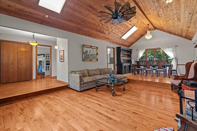 13302 Archer Ave, Lemont, IL 60439 - living room featuring a skylight, light wood finished floors, wooden ceiling, vaulted ceiling, and ceiling fan