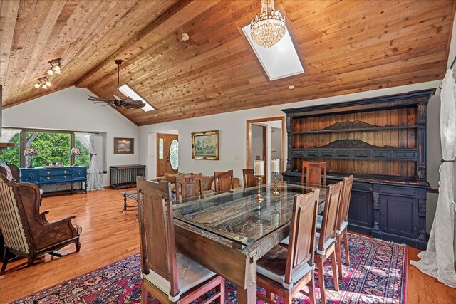 13302 Archer Ave, Lemont, IL 60439 - dining room with a skylight, plenty of natural light, wood finished floors, ceiling fan, and wooden ceiling