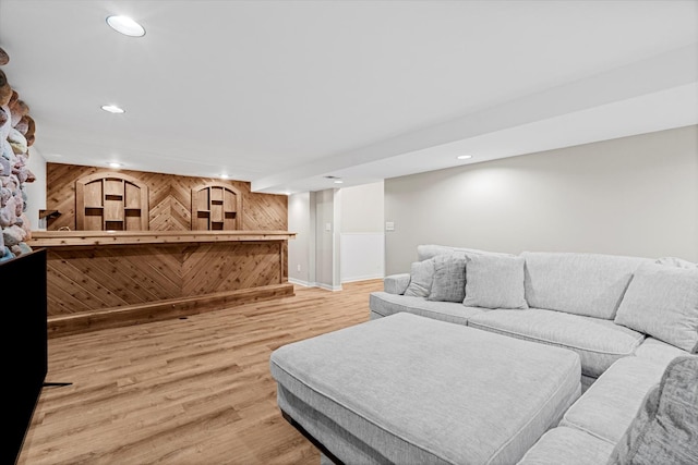 13302 Archer Ave, Lemont, IL 60439 - living room with light wood-style flooring, recessed lighting, and wood walls