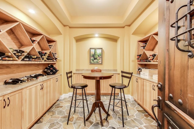 2940 Farner Ct, Riverwoods, IL 60015 - wine room featuring a tray ceiling and light stone finish flooring