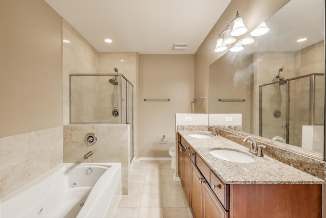 520 S State St Unit 1726, Chicago, IL 60605 - full bath featuring a shower stall, double vanity, a tub with jets, tile patterned flooring, and recessed lighting