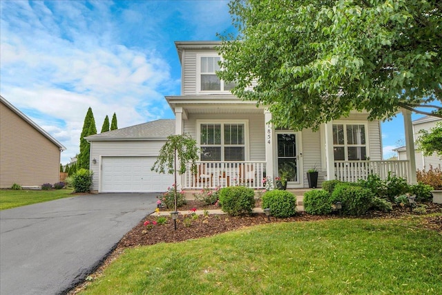 1854 Westridge Pl, Aurora, IL 60504 - view of front facade featuring a porch, asphalt driveway, a garage, and a front yard
