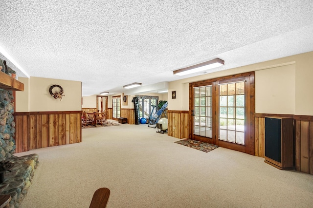 25115 W Cedarwood Ln, Ingleside, IL 60041 - carpeted living room featuring a stone fireplace, wainscoting, a textured ceiling, and wooden walls