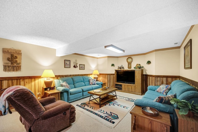 25115 W Cedarwood Ln, Ingleside, IL 60041 - living area with a textured ceiling, a wainscoted wall, carpet, and wood walls