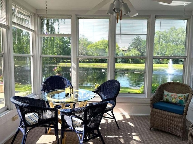 W4782 Potter Rd Unit 2, Elkhorn, WI 53121 - sunroom featuring healthy amount of natural light, a water view, and ceiling fan