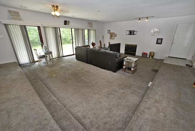 1400 Maple Ln, Marseilles, IL 61341 - living room with carpet flooring, ceiling fan, and rail lighting