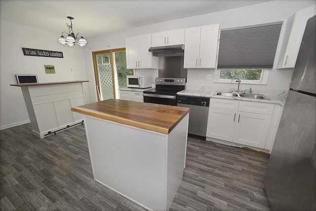 1400 Maple Ln, Marseilles, IL 61341 - kitchen with appliances with stainless steel finishes, butcher block countertops, white cabinets, a center island, and dark wood-type flooring