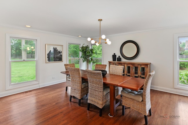 1819 Farm Rd, Lake Forest, IL 60045 - dining space with a chandelier, plenty of natural light, wood finished floors, and crown molding