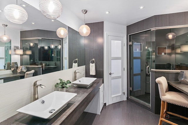 1819 Farm Rd, Lake Forest, IL 60045 - bathroom with a stall shower, double vanity, and recessed lighting