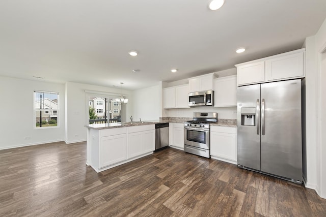 170 Goldenrod Dr, Elgin, IL 60124 - kitchen with stainless steel appliances, a peninsula, dark wood-type flooring, white cabinetry, and recessed lighting