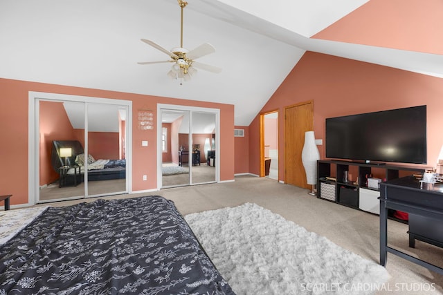 3100 Compton Rd, Aurora, IL 60504 - carpeted bedroom featuring two closets, lofted ceiling, and ceiling fan