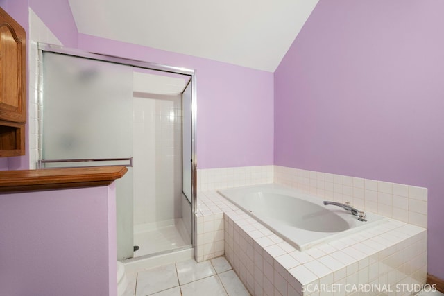 3100 Compton Rd, Aurora, IL 60504 - full bathroom with a bath, a stall shower, vaulted ceiling, and tile patterned floors
