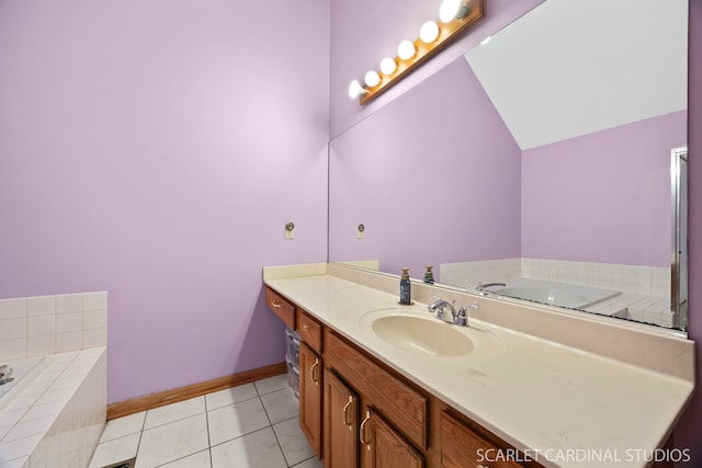 3100 Compton Rd, Aurora, IL 60504 - full bathroom featuring vanity, a garden tub, tile patterned flooring, and vaulted ceiling
