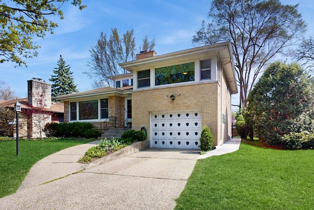 1712 Dobson St, Evanston, IL 60202 - tri-level home with a garage, concrete driveway, a front lawn, and a chimney