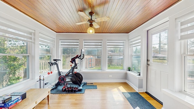 1712 Dobson St, Evanston, IL 60202 - exercise area with wooden ceiling, plenty of natural light, ceiling fan, and light wood-type flooring
